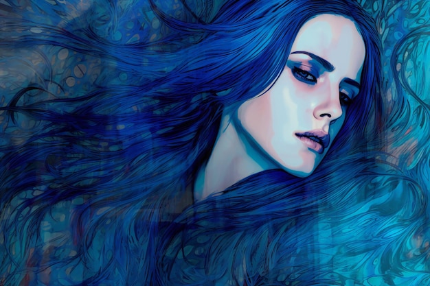 Illustration of a beautiful girl with blue hair Beauty fashion