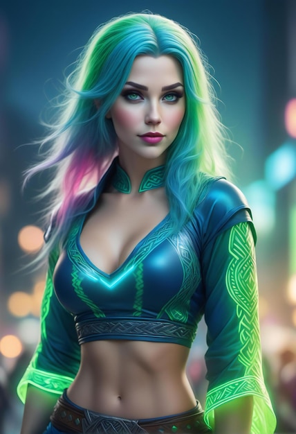 Illustration of a beautiful girl with green hair and blue eyes