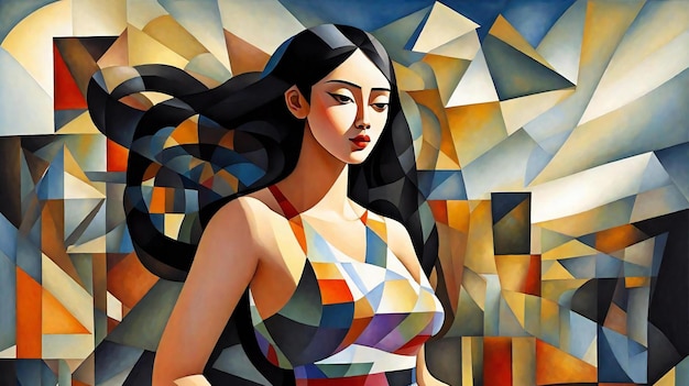 Illustration of a beautiful girl with long hair in a geometric style