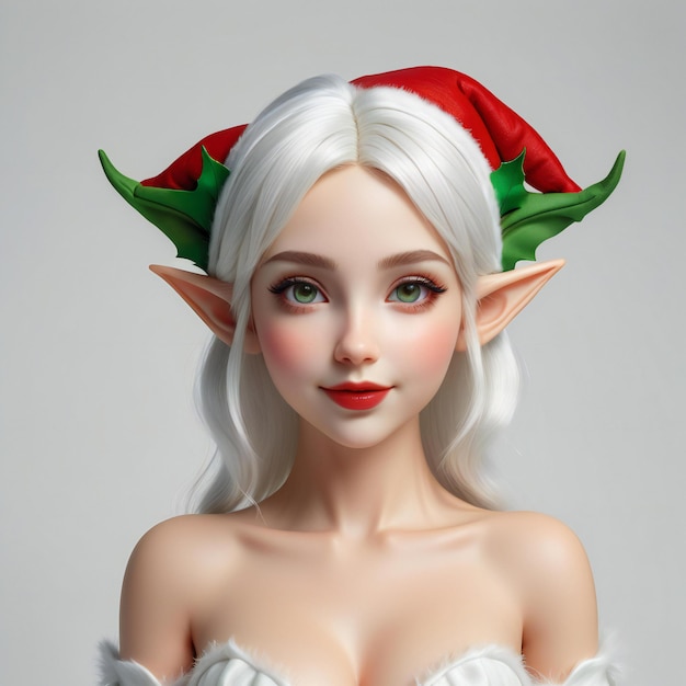 Illustration of a beautiful girl with white hair and christmas hat