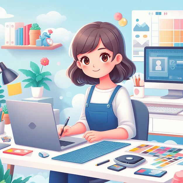 Photo illustration of a beautiful girl working in front of a laptop