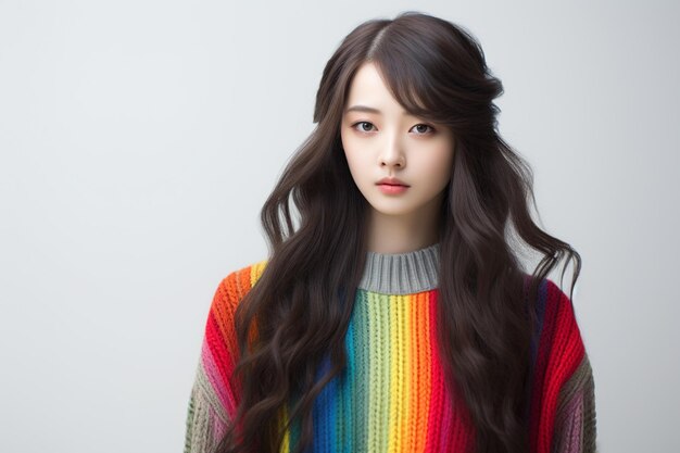 illustration of a beautiful korean woman is wearing rainbow shirt