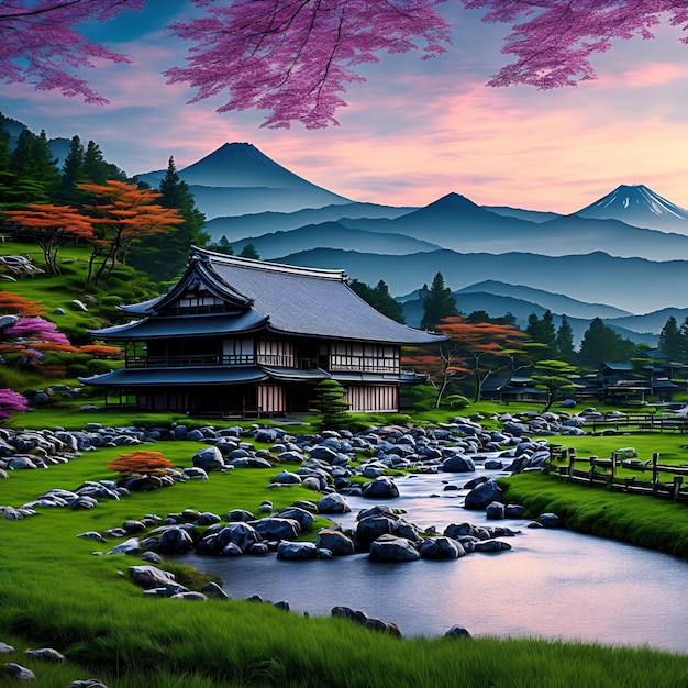 Illustration beautiful landscape typical Japanese with Mount Fuji in the background created with ai