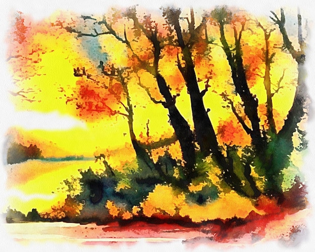 Illustration of beautiful landscape in watercolor painting style on paper canvas Generative AI