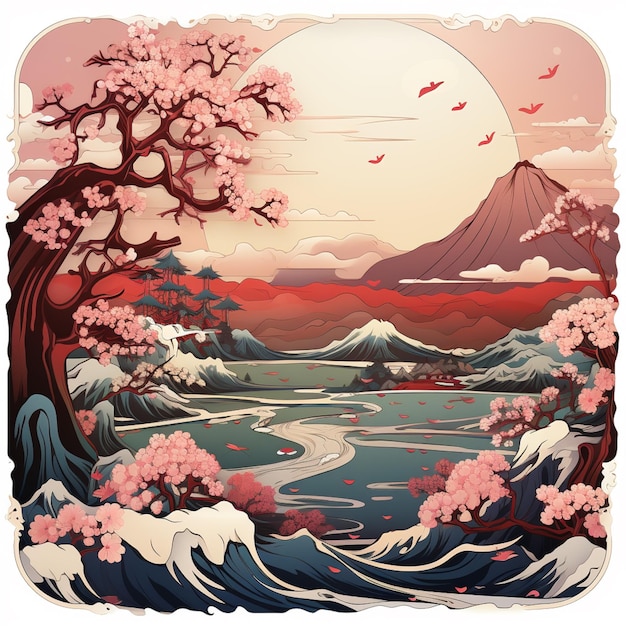 illustration of a beautiful landscape with a river and mountains generative ai