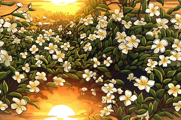 Illustration of a beautiful nature landscape with trees and flowers at sunset