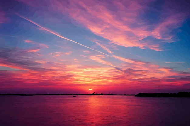 Illustration of the beautiful orange sunset on the shore of the beach sunset sky