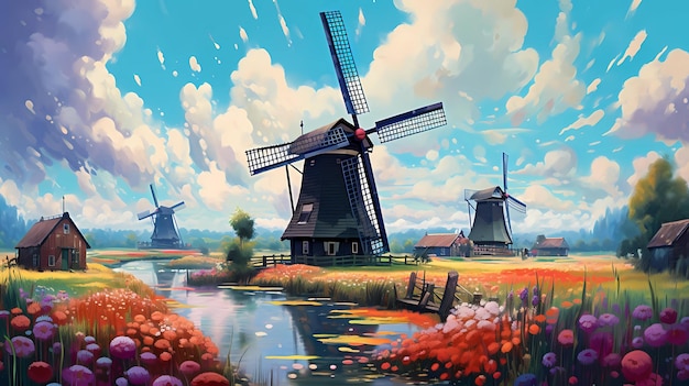 Illustration of a beautiful rural landscape with windmills