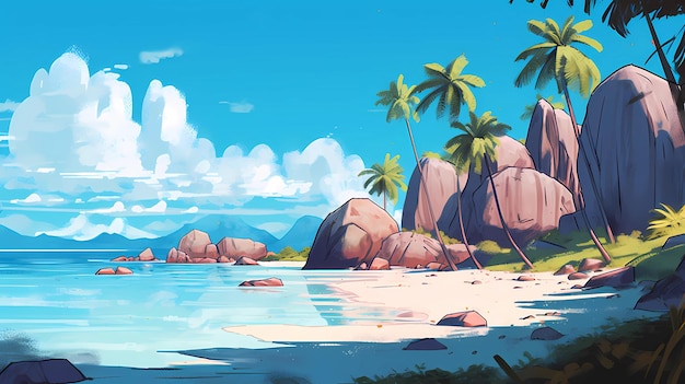 Illustration of a beautiful tropical island with a beach and palm trees