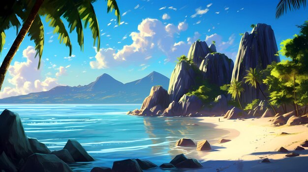 Illustration of a beautiful tropical island with a beach and palm trees