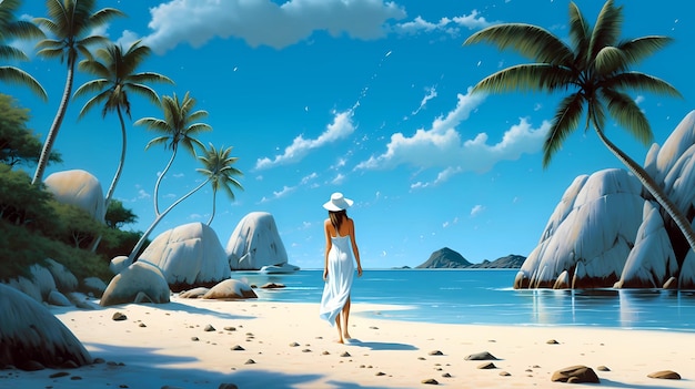 Illustration of a beautiful tropical island with a beach and palm trees