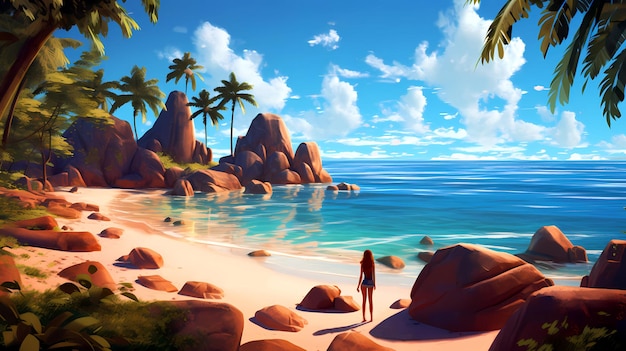 Illustration of a beautiful tropical island with a beach and palm trees