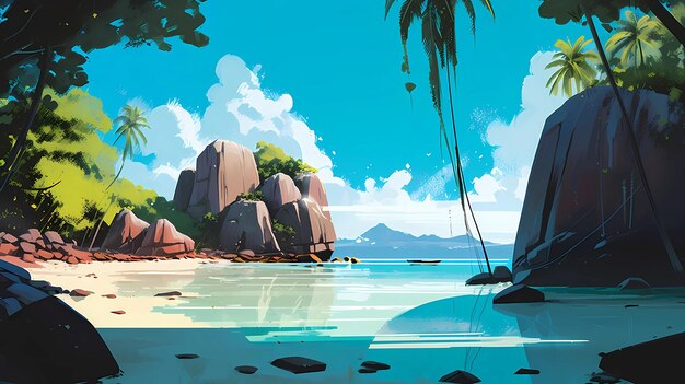 Illustration of a beautiful tropical island with a beach and palm trees