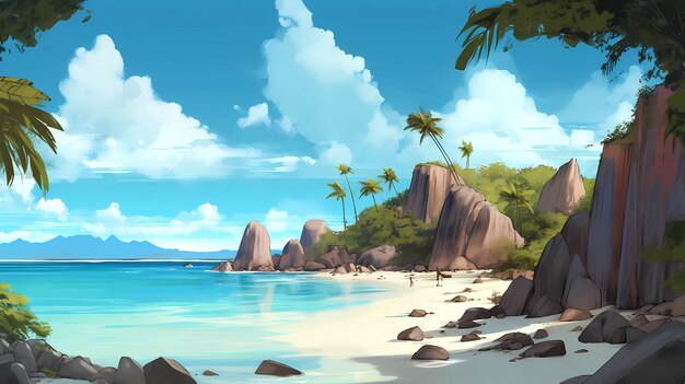 Illustration of a beautiful tropical island with a beach and palm trees