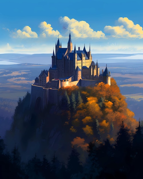 Illustration of beautiful view of Hohenzollern Castle in the Swabian Alps Germany