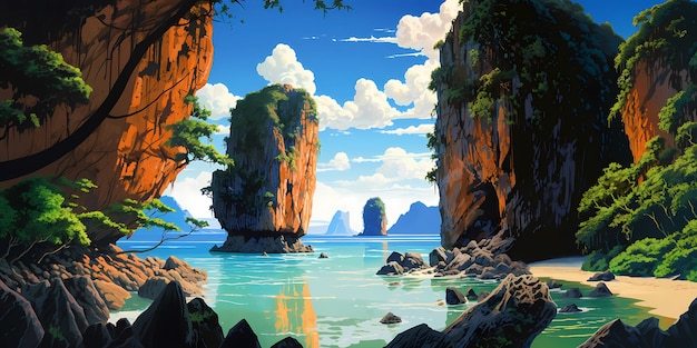 Illustration of a beautiful view of James Bond Island Thailand