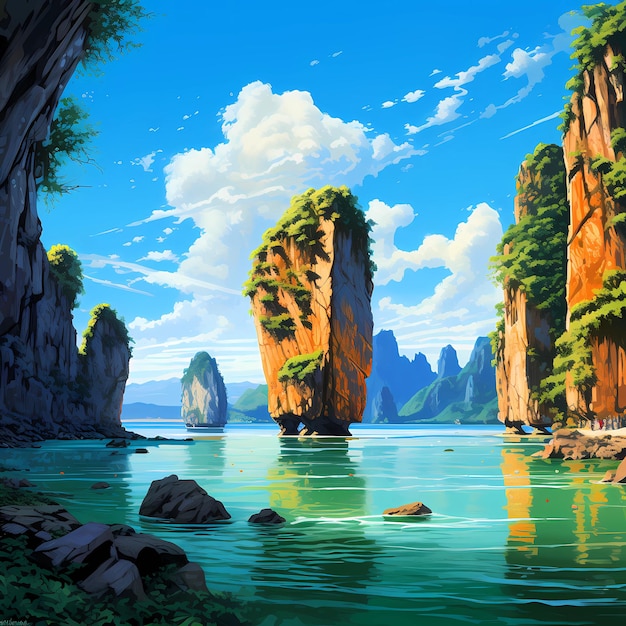 Illustration of a beautiful view of James Bond Island Thailand