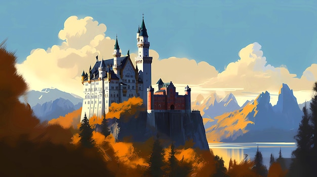 Illustration of beautiful view of Neuschwanstein Castle Germany