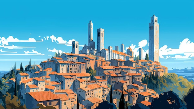 Illustration of beautiful view of San Gimignano Italy