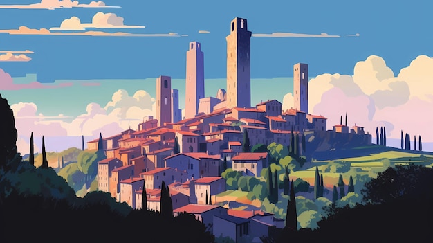 Illustration of beautiful view of San Gimignano Italy