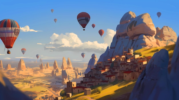 Illustration of beautiful view of unusual rocky landscape in Cappadocia Turkey