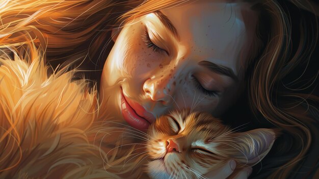 Illustration of a beautiful woman cuddling a fluffy cat heartwarming and charming