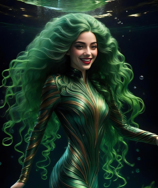 Illustration of beautiful woman with green hair in underwater world