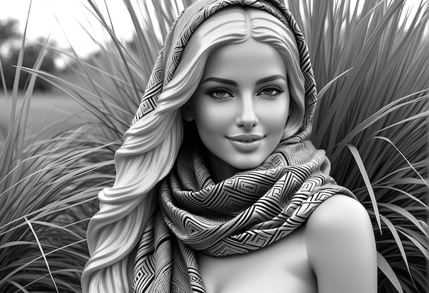 Illustration of a beautiful woman with a scarf on her head