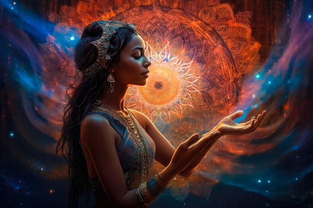 Illustration of beautiful young indian woman meditation on esoteric shine background generative ai