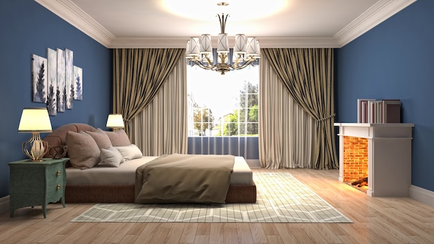 Illustration of bedroom interior. 3D render