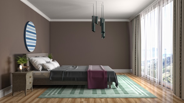 Illustration of bedroom interior. 3D render