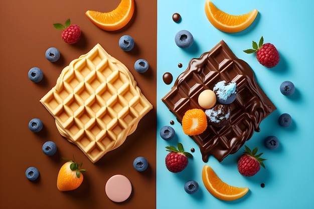 Illustration of Belgian waffles with chocolate and berries on a brown background Generative AI