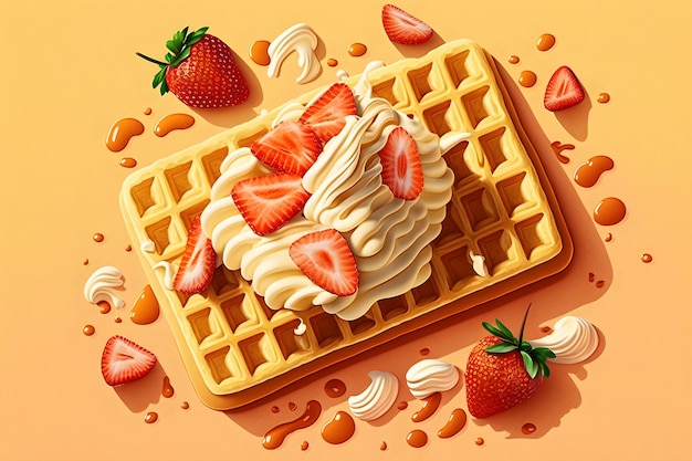 Illustration of Belgian waffles with cream and strawberries on a yellow background Generative AI 2