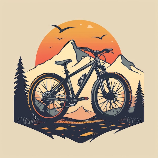 Photo illustration of bicycle with mountain background logo illustration for community or tshirt design