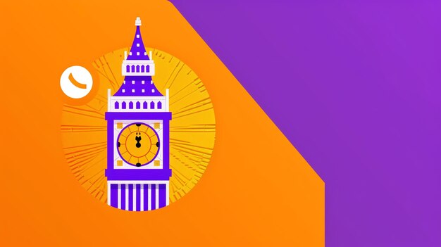 Photo illustration of big ben clock tower in london with a phone icon on a orange and purple background