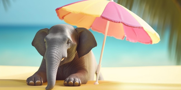 Photo illustration of big elephant relaxing under the sun umbrella on a sunny beach