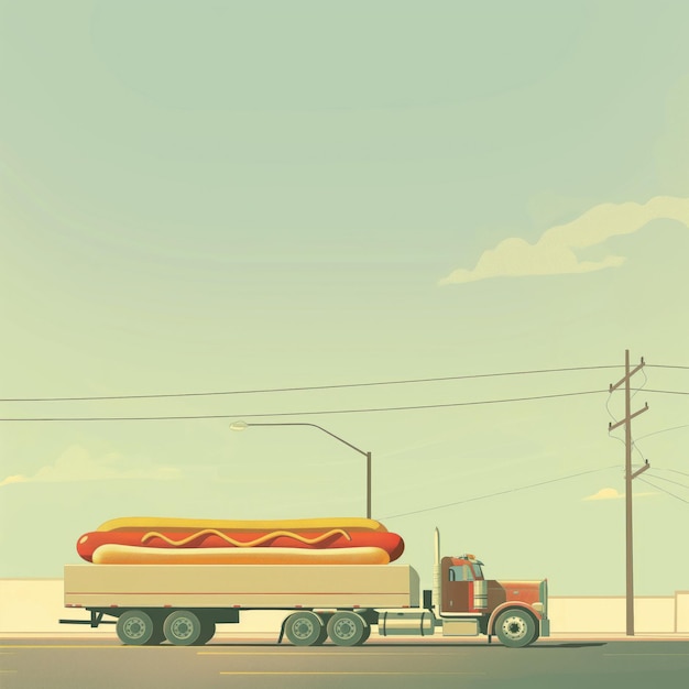 Illustration of big rig truck pulling giant hot dog trailer on road Flat colors clean lines