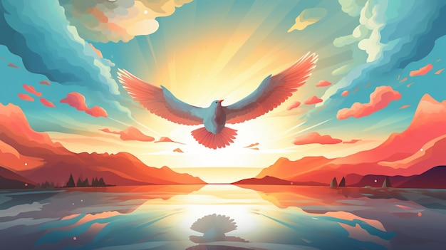 illustration of a bird flying over a lake with a mountain in the background generative ai