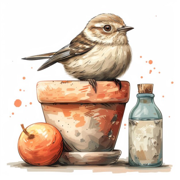 Illustration of a Bird Perched on Clay Pots with Plants