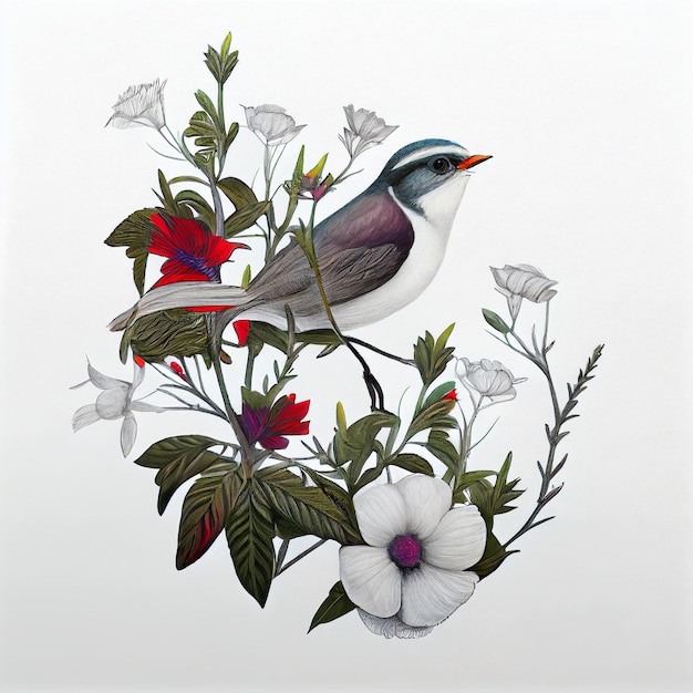 Illustration of a bird with flowers. beautiful color bird on flora. Leaves, twigs and flowers.