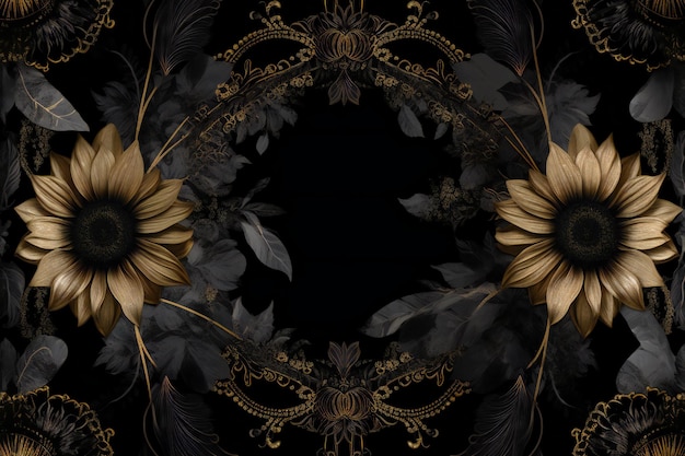 Illustration of a black background with gold floral ornament and sunflowers