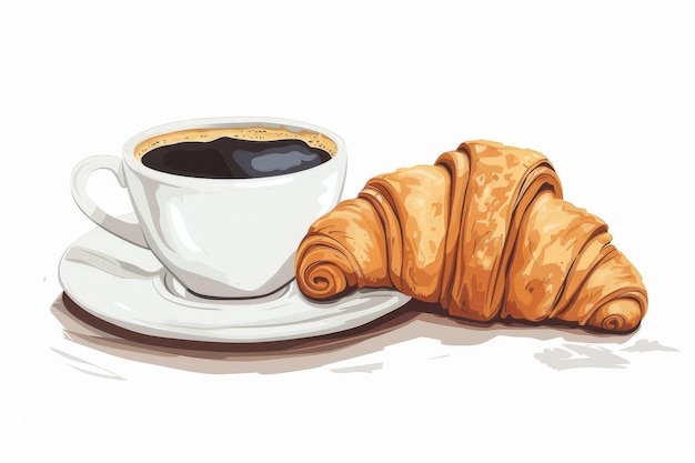 Photo illustration of a black coffee and a croissant on white background