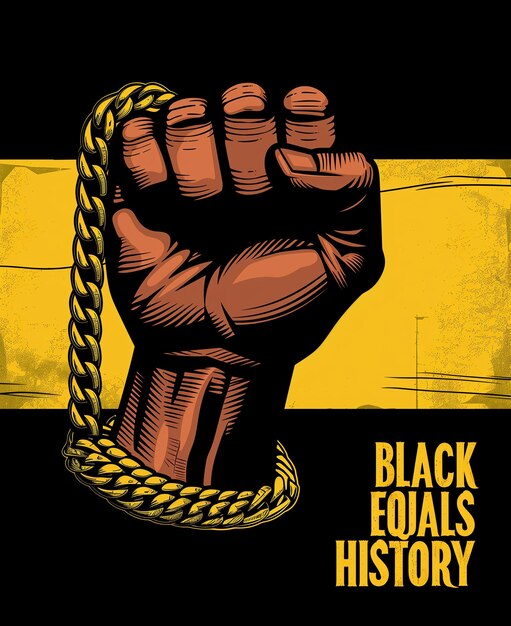 Photo illustration of a black mans fist breaking free from chains representing juneteenth