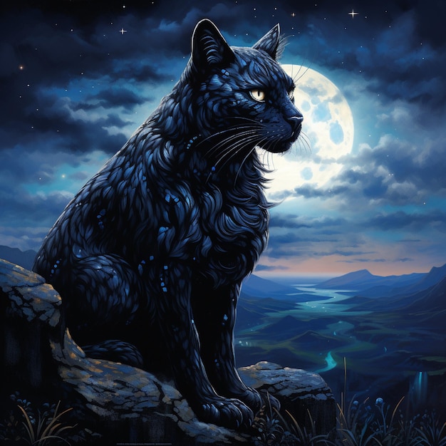 illustration of a black panther cat decorated with silver dreadlocks standing on a moonlit cliff looking up at the stars