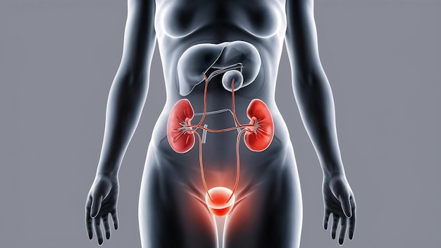 Illustration of the bladder and kidneys is on the womans body on a gray background kidney failur