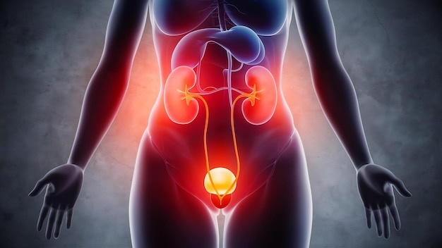 Illustration of the bladder and kidneys is on the womans body on a gray background kidney failur