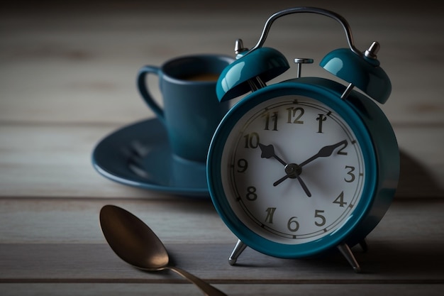 Illustration of a Blue Alarm Clock and Coffee Cup on a Table created with Generative AI