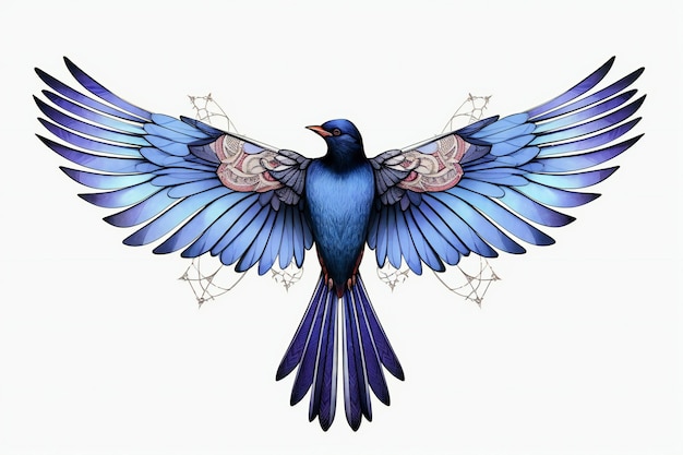 Illustration of a blue bird with wings spread on a white background