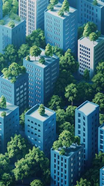 Illustration of a blue modern city full of buildings with green trees in the middle