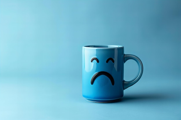 Illustration of blue mug with sad face on it solid blue background minimalist style high resoluti